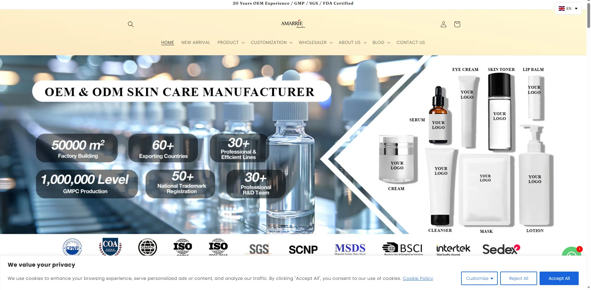 Header showcasing OEM and ODM skincare manufacturer with product images and features like factory size and export countries.